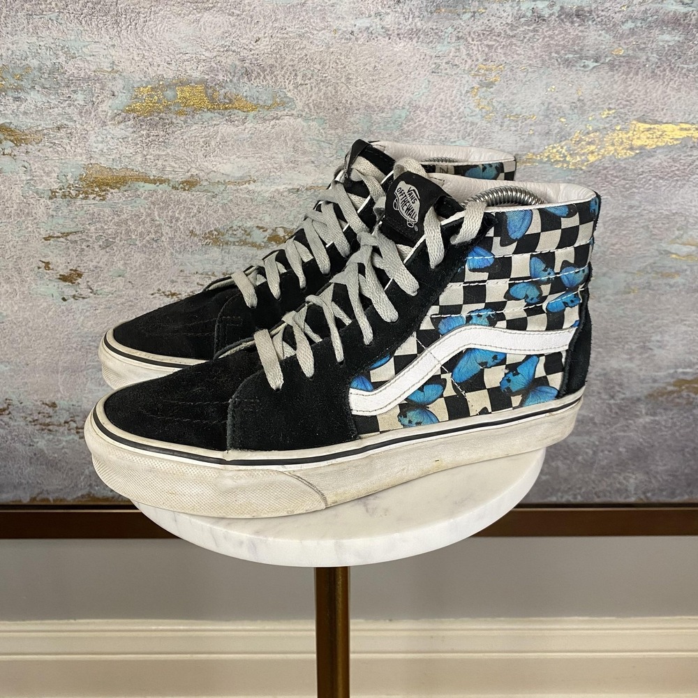 Vans Sk8-Hi Butterfly Checkerboard Shoes Mens Size 6.5 Black Blue Suede High Top